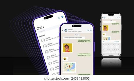 Smartphone with a social messenger app featuring a UI and UX concept. Vector chatting screen in mobile communication illustration. Chat app template. Vector.