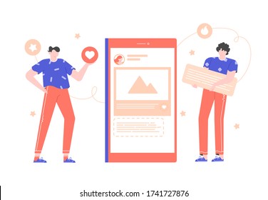 Smartphone with a social network feed. Characters with a like and comment icon. Social networks and influence marketing. Microblogging and followers online. Vector flat illustration.