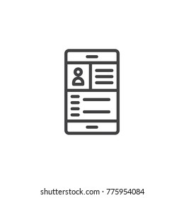 Smartphone with social network line icon, outline vector sign, linear style pictogram isolated on white. User account profile symbol, logo illustration. Editable stroke