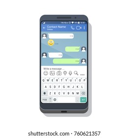 Smartphone with social network or messenger application template with virtual keyboard for mobile device. Chat or sms app interface concept. Vector illustration