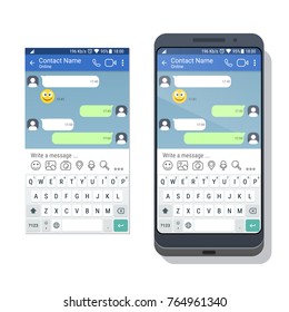 Smartphone with social network or messenger application template with virtual keyboard for mobile device on the screen. Chat or sms app interface concept. Vector illustration