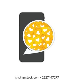 Smartphone with social network notification on screen. Mobile phone and bubbles with like, hearts social media icon.