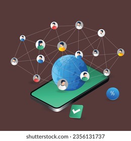 Smartphone with social network and people. Isometric vector illustration