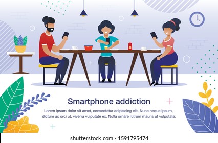 Smartphone and Social Networks Addiction Trendy Flat Vector Banner, Poster Template. Family, Parents with Daughter Using Cellphones While Having Dinner or Breakfast Together at Home Illustration