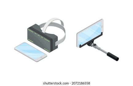Software Smartphone con gafas de realidad aumentada y conjunto isométrico de vectores de autofie Stick