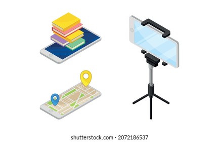 Smartphone Software with Online Navigation App Showing Route and Filming with Tripod Vector Isometric Set