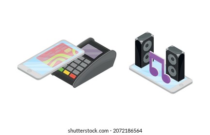 Software Smartphone con aplicación de pagos en línea y conjunto de vectores vectores de reproductor de música