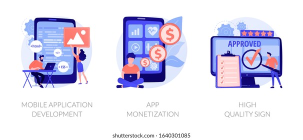 Software para smartphone, ganancia, iconos de clasificación exitosos establecidos. Desarrollo de aplicaciones móviles, monetización de aplicaciones, metáforas de signos de alta calidad. Ilustraciones de metáforas conceptuales aisladas por vectores