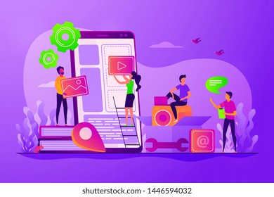Smartphone software, UI interface construction. Mobile app development, mobile device application building, app development software concept. Vector isolated concept creative illustration