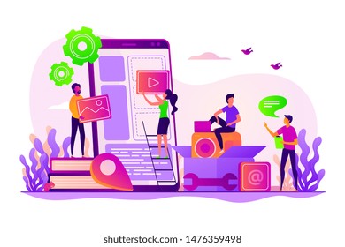 Smartphone software, UI interface construction. Mobile app development, mobile device application building, app development software concept. Vector isolated concept creative illustration