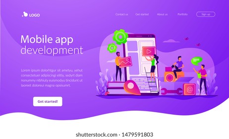 Smartphone software, UI interface construction. Mobile app development, mobile device application building, app development software concept. Website homepage header landing web page template.