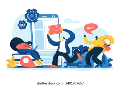 Smartphone software, UI interface construction. Mobile app development, mobile device application building, app development software concept. Vector isolated concept creative illustration