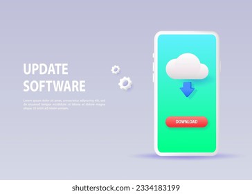 Actualización de software de Smartphone. Descargue y actualice la aplicación móvil desde la nube. Ilustración vectorial 3d.