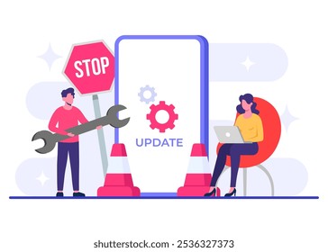 Smartphone con la Ilustración vectorial plana de la pantalla del Actualizar del software, mantenimiento del sistema, proceso del Actualizar, software de la instalación, sistema operativo