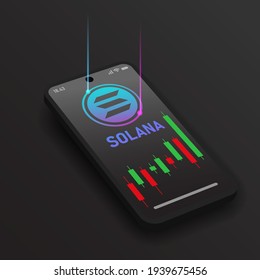 Smartphone with Solana logo (SOL) cryptocurrency and Candle Charts on a phone screen, cryptocurrency symbol and sign design concept. illustrator. EPS.10