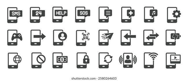 Smartphone solid icons collection. Containing phone, mobile, device etc icons. Perfect pixel on transparent background. Vector illustration.