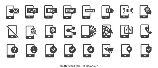 Smartphone solid icons collection. Containing phone, mobile, device etc icons. Perfect pixel on transparent background. Vector illustration.