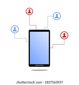 a smartphone and some people icon in a red blue circle around it