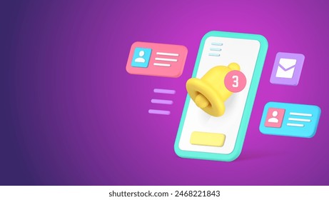 Smartphone sound notification incoming message inbox mailbox email 3d icon realistic vector illustration. Mobile phone ring bell alert cyberspace communication new calendar electronic mail reminder