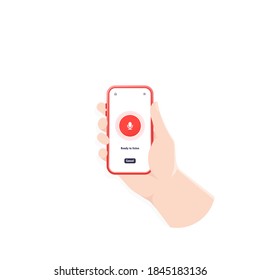 Smartphone Sound Recorder. Application Interface. Audio Recording Screen. Sound Rec Application. Microphone, Buttons Phone Display. Hand Holding Phone. Vector Flat Cartoon Illustration For Web Sites