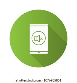 Smartphone sound turning off flat design long shadow glyph icon. Mute. Mobile phone sound control. Vector silhouette illustration