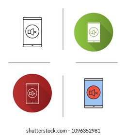 Smartphone sound turning off icon. Mute. Mobile phone sound control. Flat design, linear and color styles. Isolated vector illustrations