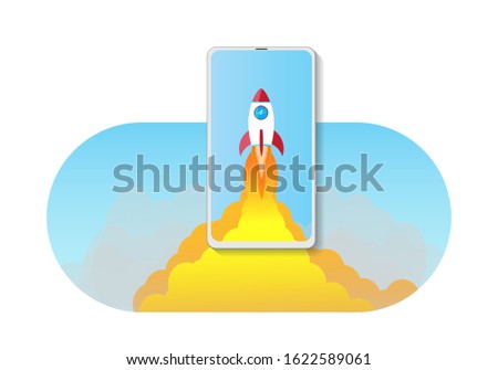 smartphone with space rocket launch. mobile app launching concept