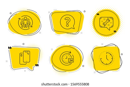 Smartphone, Spanner and Time signs. Chat bubbles. Question mark, 24h delivery and Teamwork line icons set. Help support, Stopwatch, Employees change. Phone. Business set. Vector