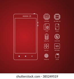 Smartphone specification with flat line icons. Gadget description.