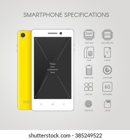 Smartphone specification with flat line icons. Gadget description. 