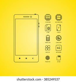 Smartphone specification with flat line icons. Gadget description.