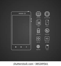 Smartphone specification with flat line icons. Gadget description.