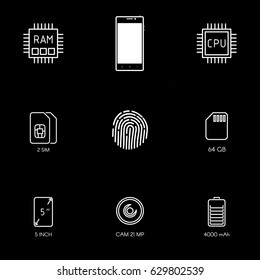 Smartphone specification flat line icons. Gadget description. UI UX icons vector.