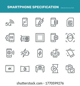 Smartphone Specification Icons. Monoline concept
The icons were created on a 48x48 pixel aligned, perfect grid providing a clean and crisp appearance. Adjustable stroke weight. 
