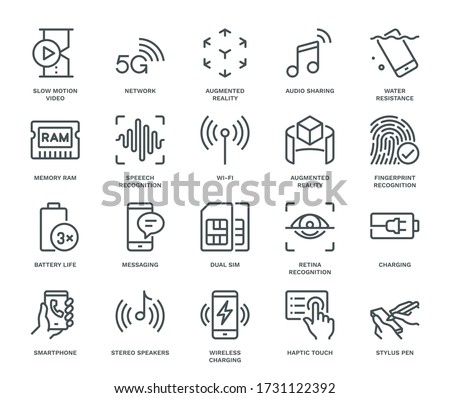 Smartphone Specification Icons. Monoline concept
The icons were created on a 48x48 pixel aligned, perfect grid providing a clean and crisp appearance. Adjustable stroke weight. 
