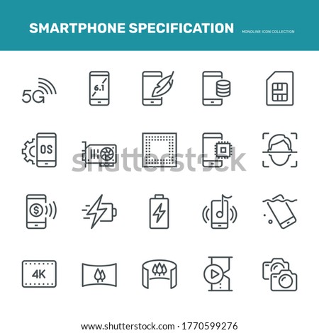 Smartphone Specification Icons. Monoline conceptThe icons were created on a 48x48 pixel aligned, perfect grid providing a clean and crisp appearance. Adjustable stroke weight. 