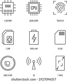Smartphone-Spezifikations-Icons Set auf weißem Hintergrund, Smartphone-Spezifikations-Icons setzen trendige und moderne Symbole für Logo, Web, App, UI.