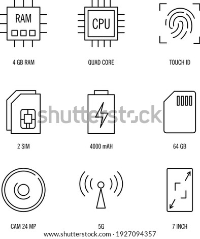 smartphone Specification Icons Set on White Background, smartphone Specification icons set trendy and modern symbol for logo, web, app, UI.