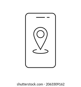 Smartphone Specifications Line Icon. Geolocation Map Mark, Mobile Phone Functions And Apps. Vector Line Icon With Editable Strokes