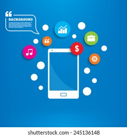 Smartphone with speech bubble. Business icons. Graph chart and case signs. Dollar currency and gear cogwheel symbols. Background with circles, quotes and musical note. Vector