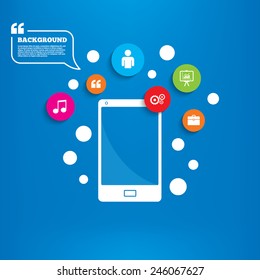 Smartphone with speech bubble. Business icons. Human silhouette and presentation board with charts signs. Case and gear symbols. Background with circles, quotes and musical note. Vector