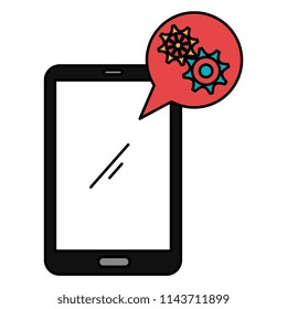 smartphone with speech bubble and gears