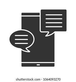 Smartphone with speech bubble glyph icon. SMS, notification, message. Online chat. Forum. Silhouette symbol. Negative space. Vector isolated illustration