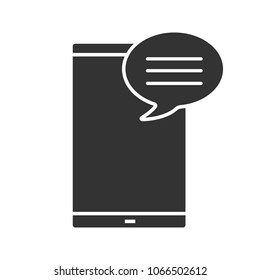 Smartphone with speech bubble glyph icon. SMS, notification, message. Online chat. Forum. Silhouette symbol. Negative space. Vector isolated illustration