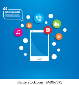 Smartphone with speech bubble. Group of people and share icons. Speech bubble and round the world arrow symbols. Communication signs. Background with circles, quotes and musical note. Vector