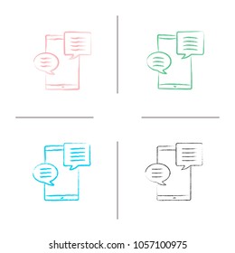 Smartphone with speech bubble hand drawn icons set. SMS, notification, message. Online chat. Forum. Color brush stroke. Isolated vector sketchy illustrations
