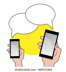  Smartphone with speech bubble in hand illustration. Vector.