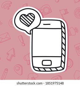 burbuja de smartphone y voz con icono cardíaco sobre fondo de iconos rosa de los medios sociales, estilo de línea, ilustración vectorial