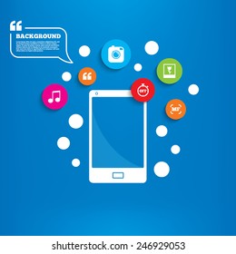 Smartphone with speech bubble. Hipster retro photo camera icon. Manual focus symbols. Stopwatch timer off sign. Macro flower photo frame. Background with circles, quotes and musical note. Vector