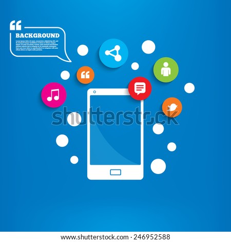 Smartphone with speech bubble. Human person and share icons. Speech bubble and twitter retweet symbols. Communication signs. Background with circles, quotes and musical note. Vector